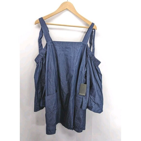 NWT Eloquii Women's Plus Size Denim Off Shoulder Sleeve Top Tunic Sz 18 Blouse - Picture 1 of 7